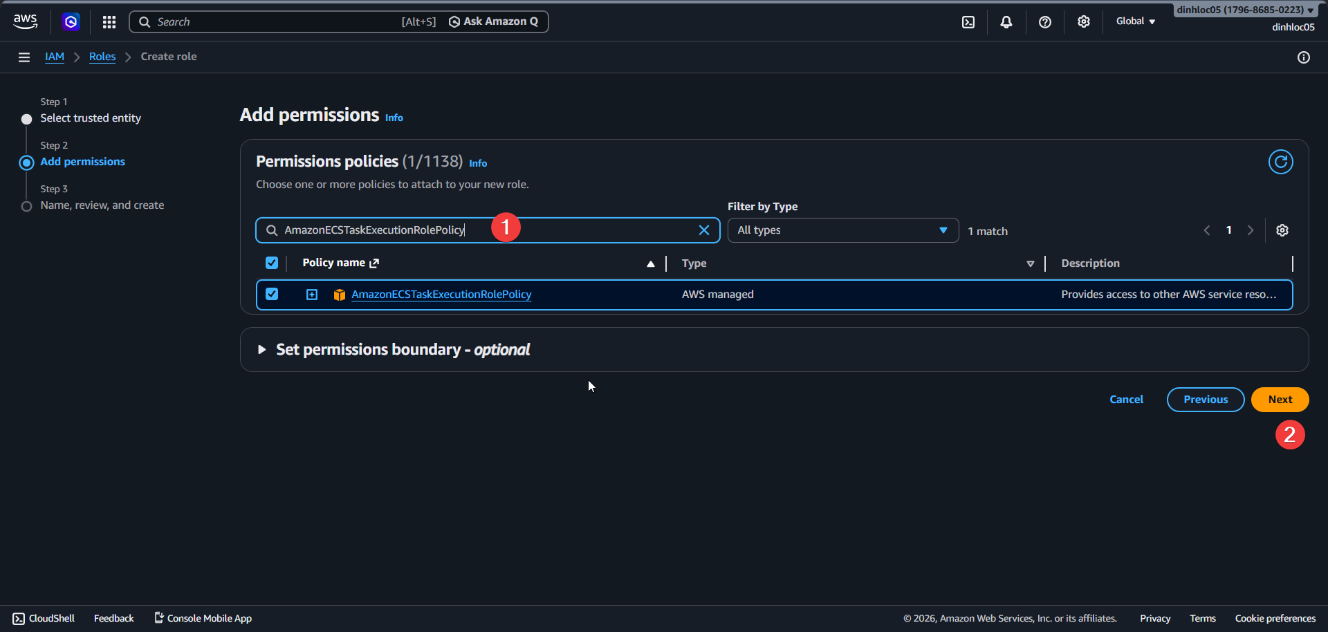 Create task execution role - add managed policy