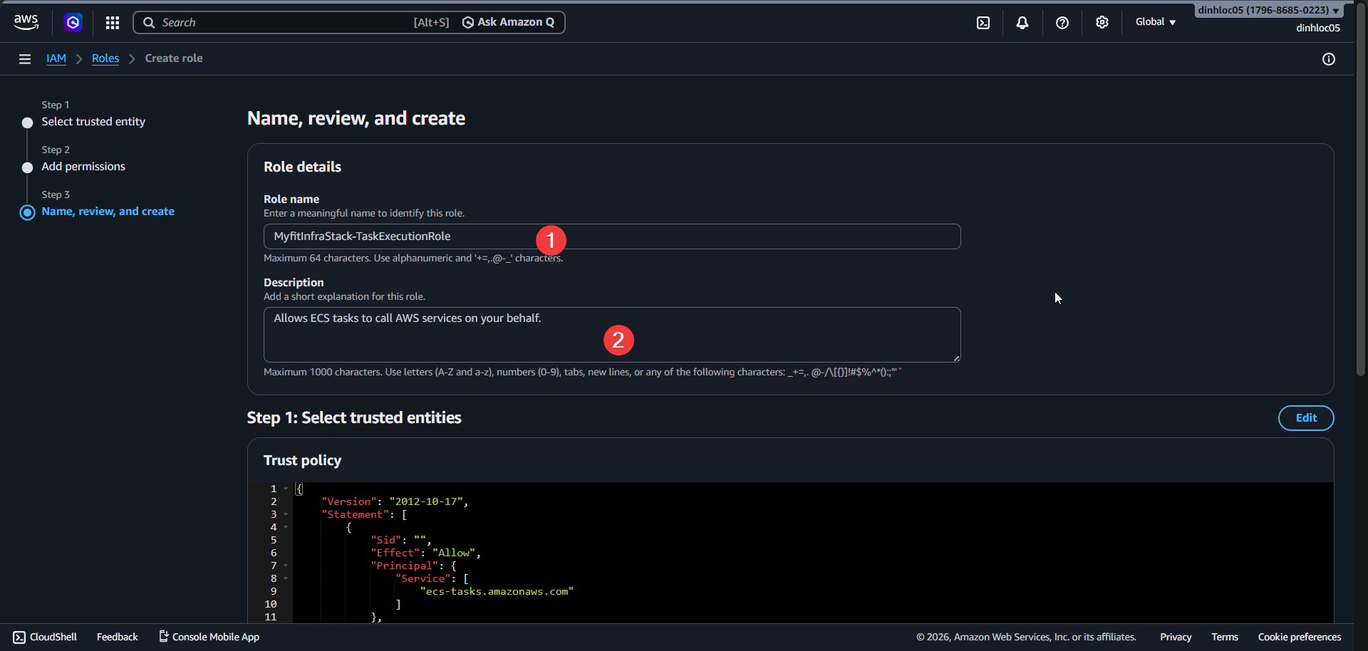 Create task execution role - name and create