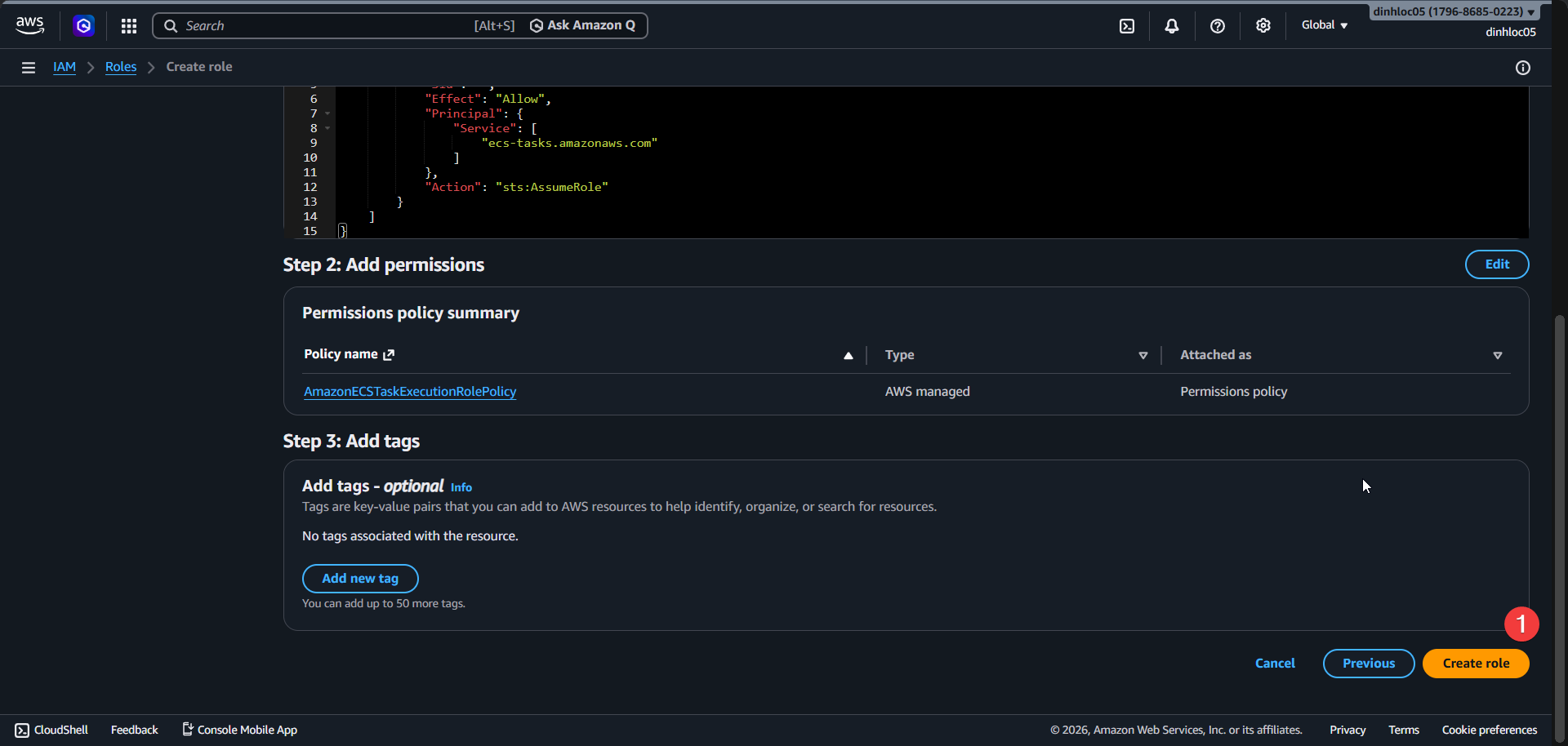 Create task execution role - review and create