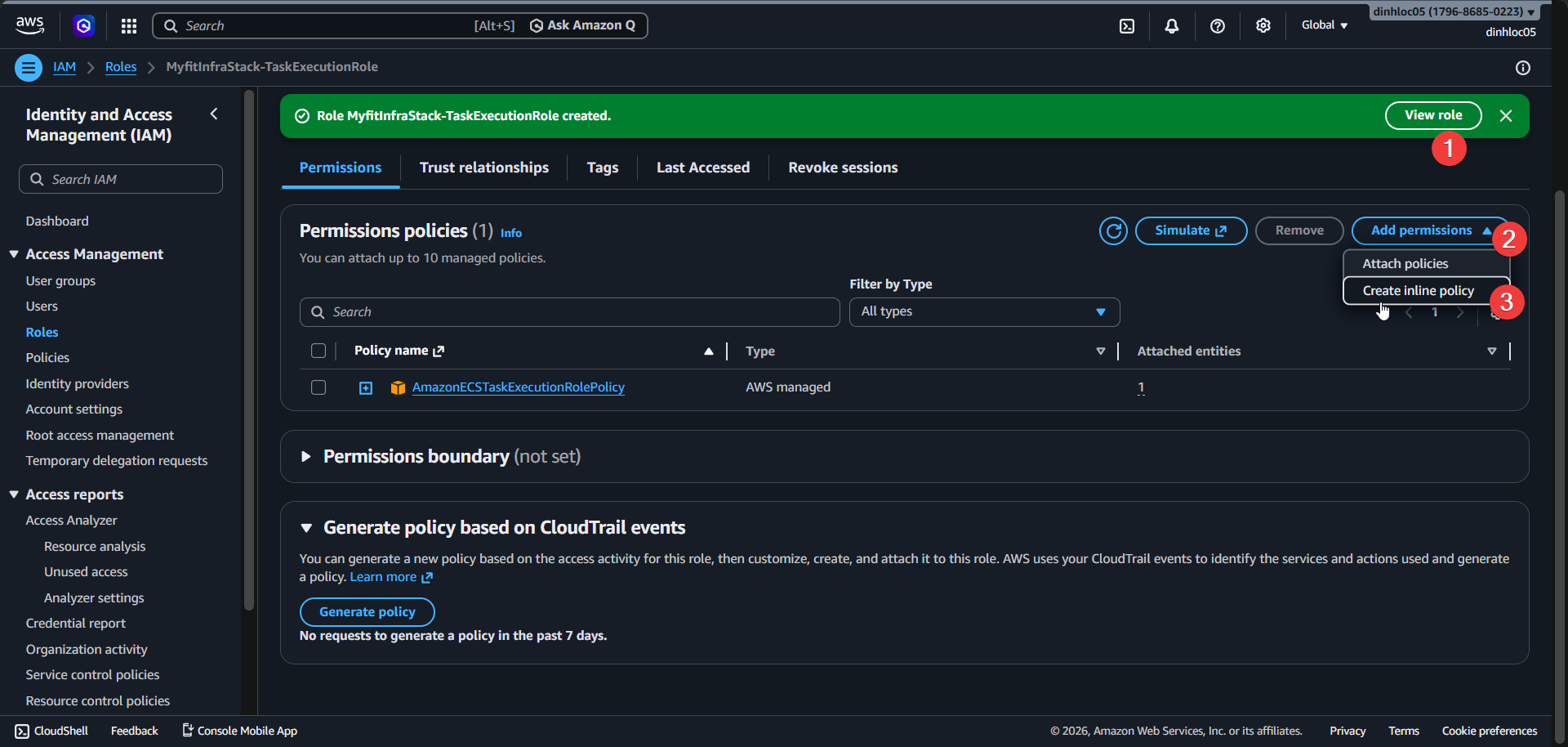 Task execution role - create inline policy entry