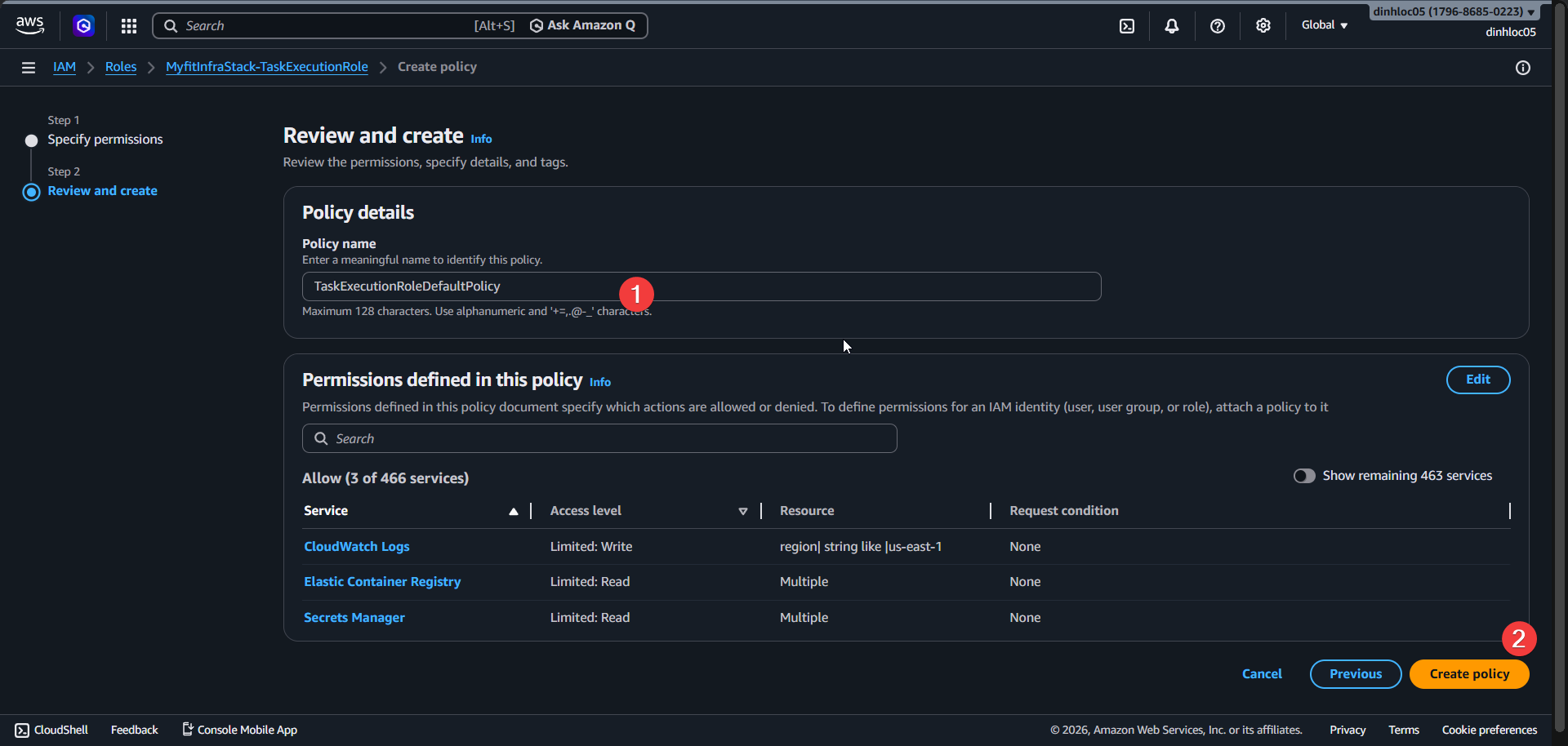 Task execution role - create inline policy