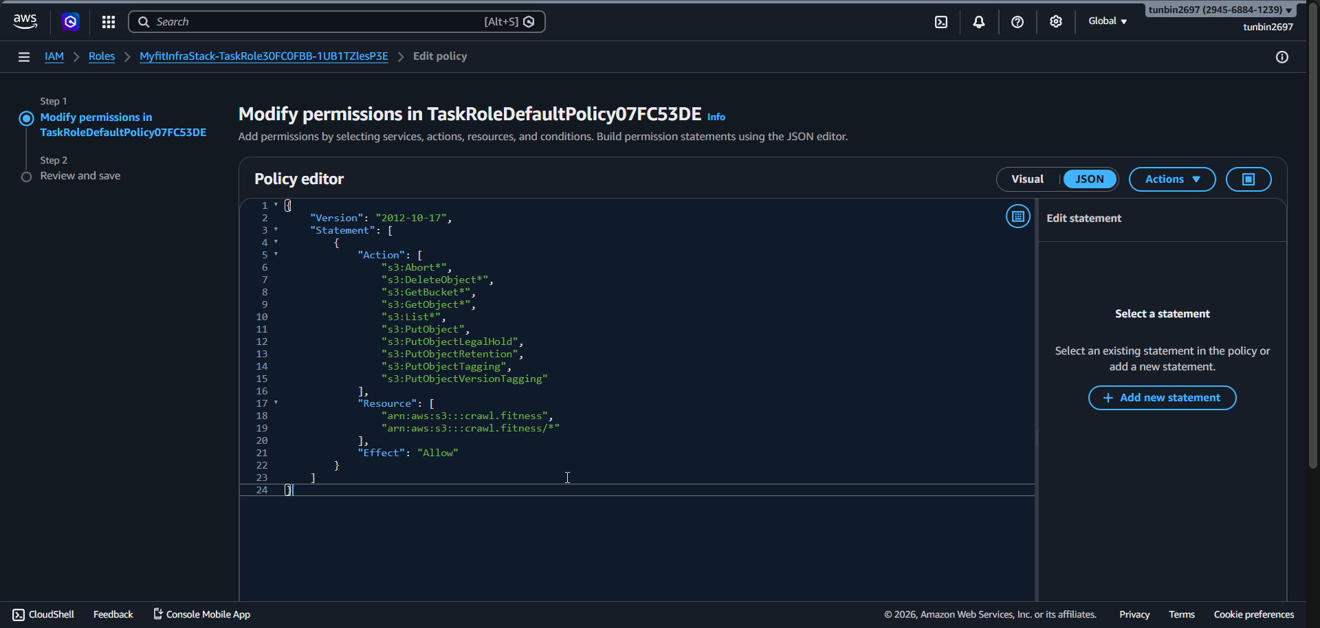 Task role S3 policy JSON