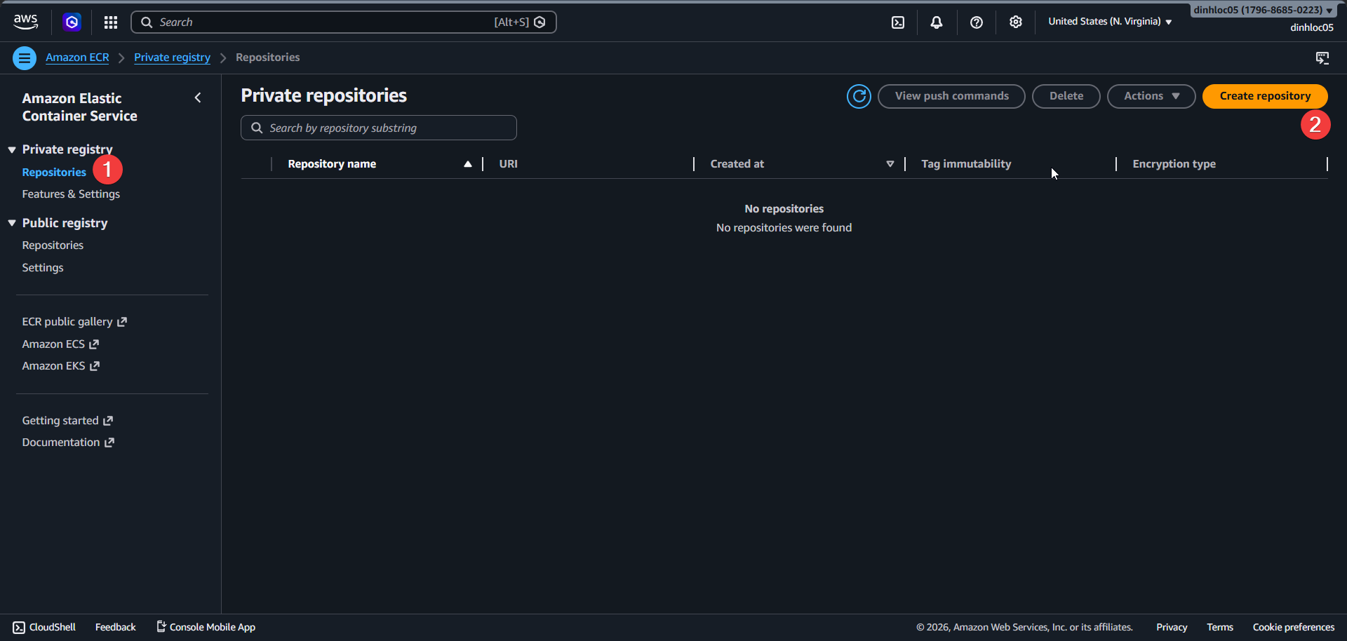 Create ECR repository screen 1