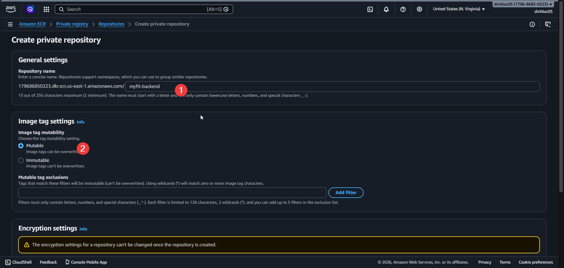 Create ECR repository screen 2