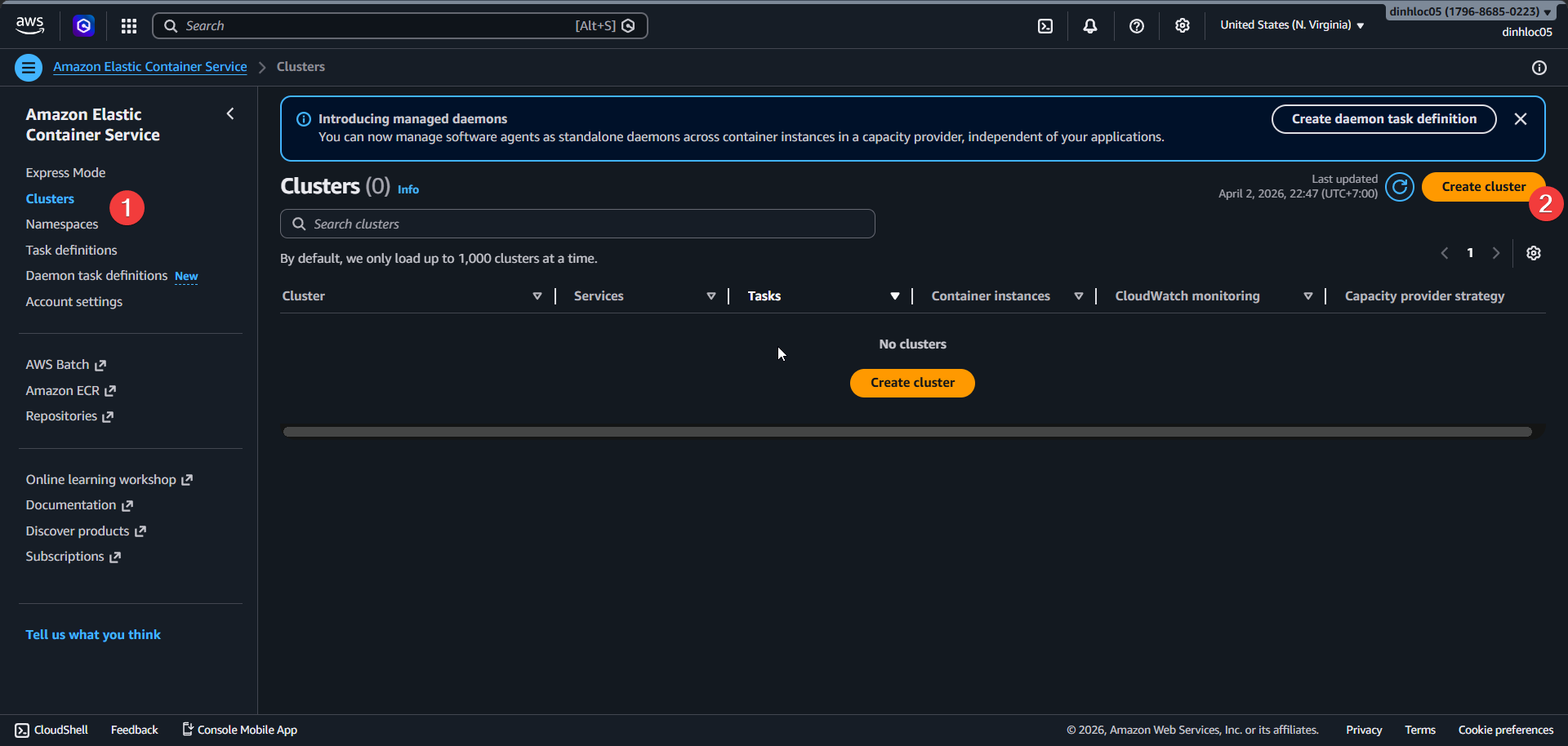 Create ECS cluster screen 1