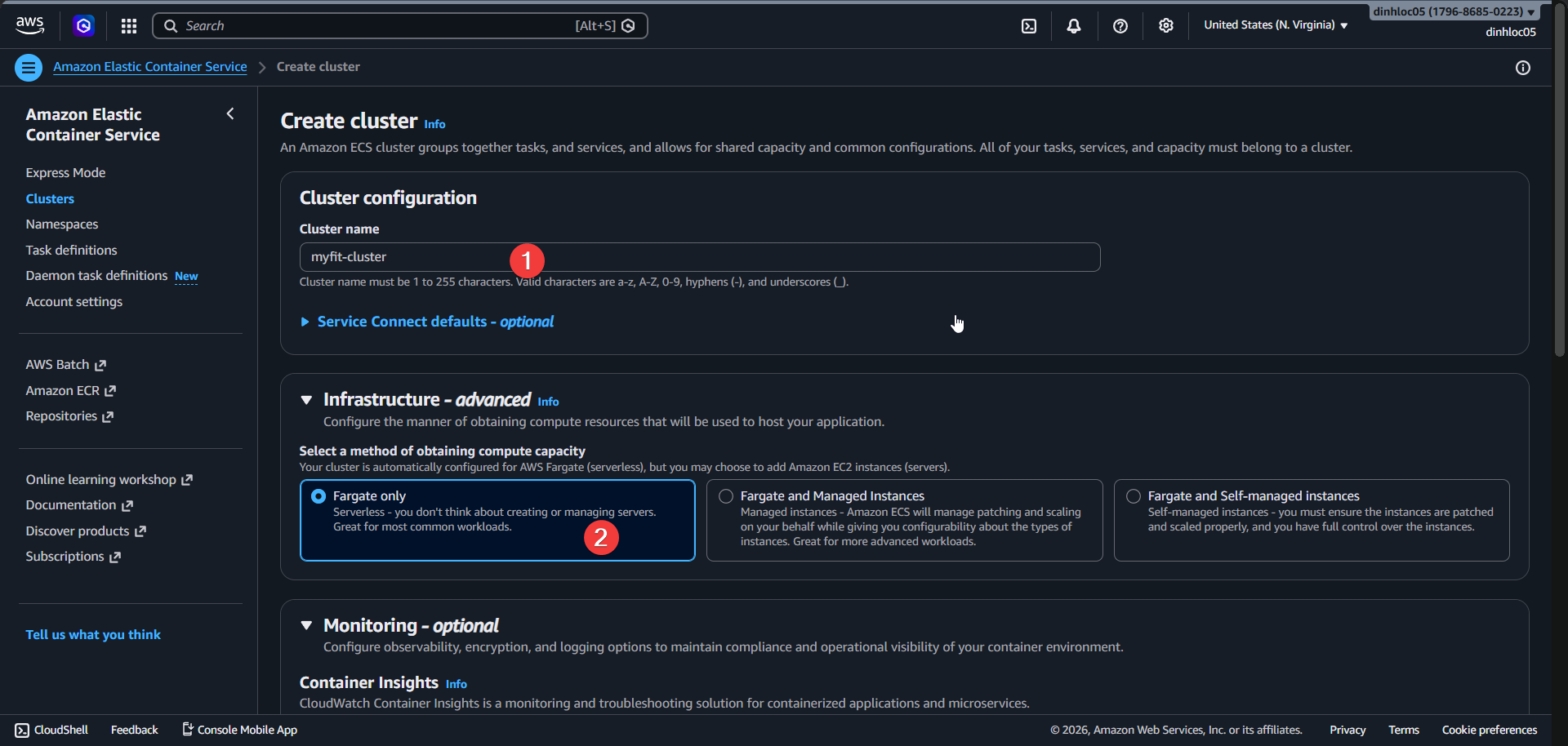 Create ECS cluster screen 2