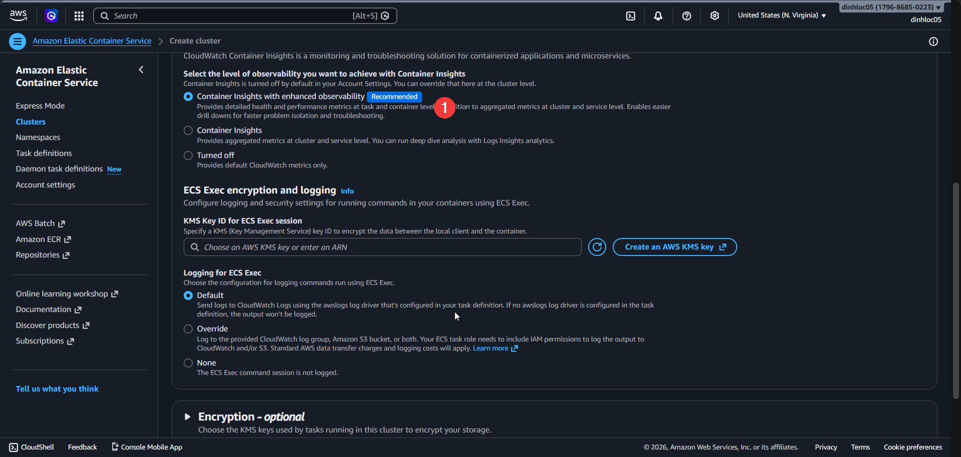 Create ECS cluster screen 3