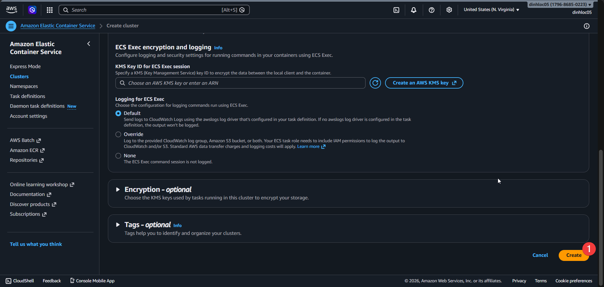 Create ECS cluster screen 4