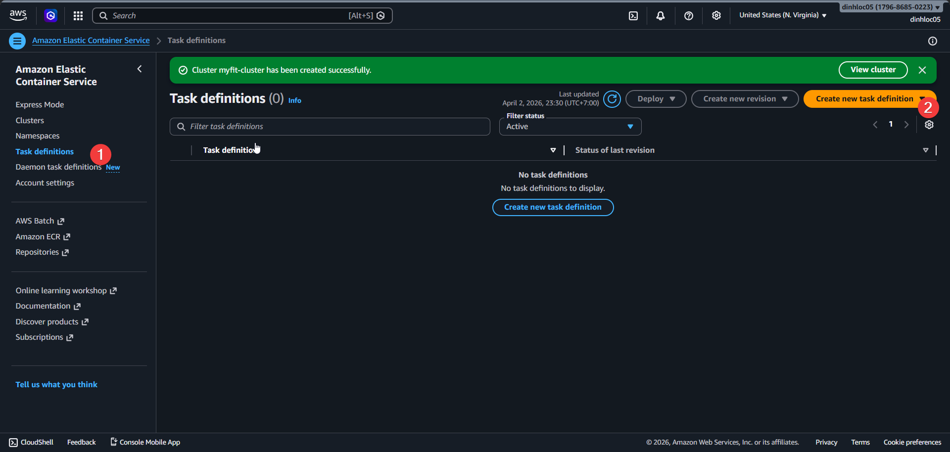 Create task definition screen 1