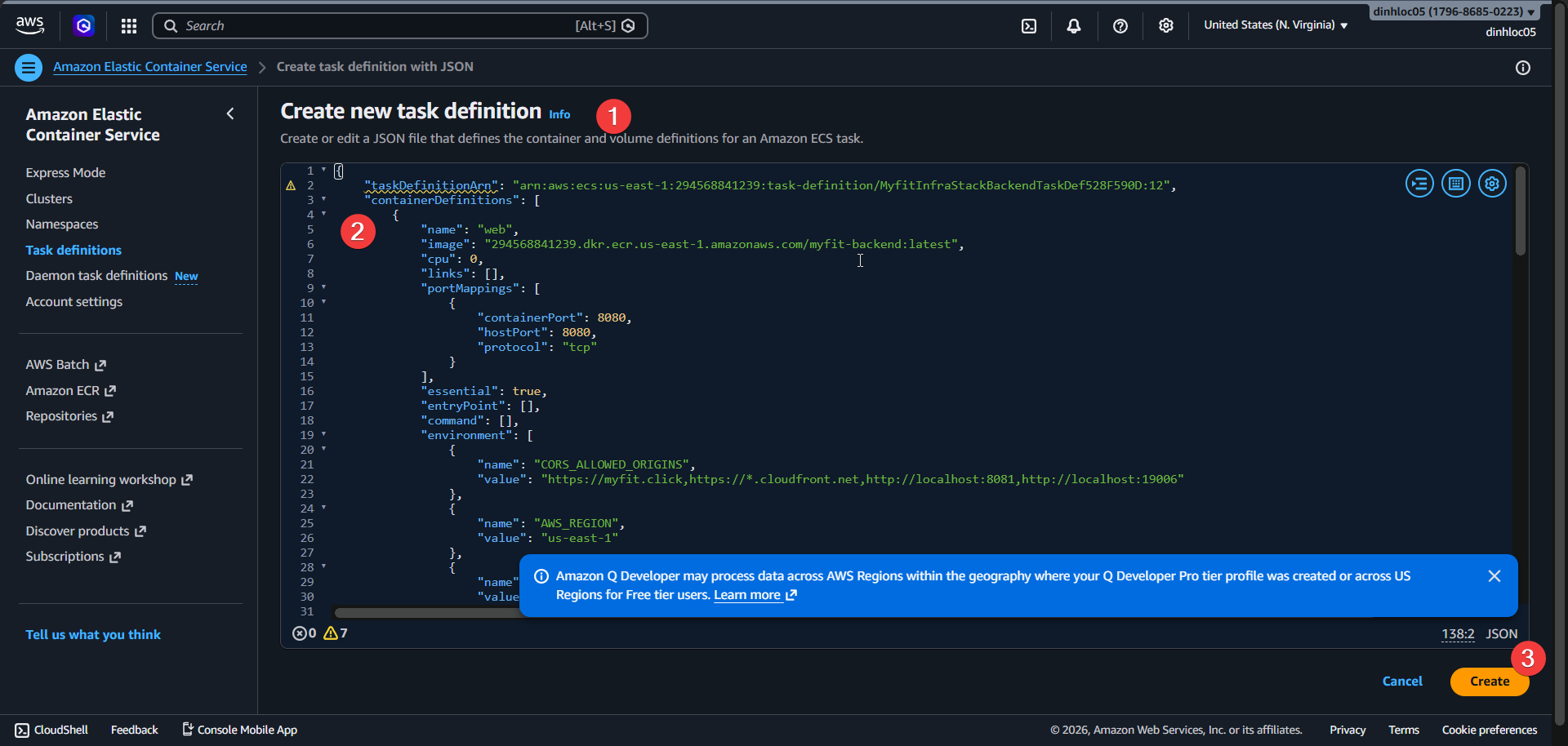 Create task definition screen 2
