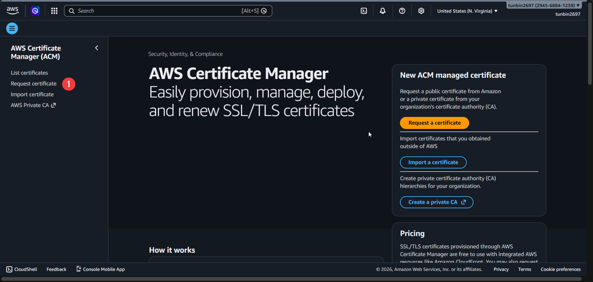 ACM request certificate entry