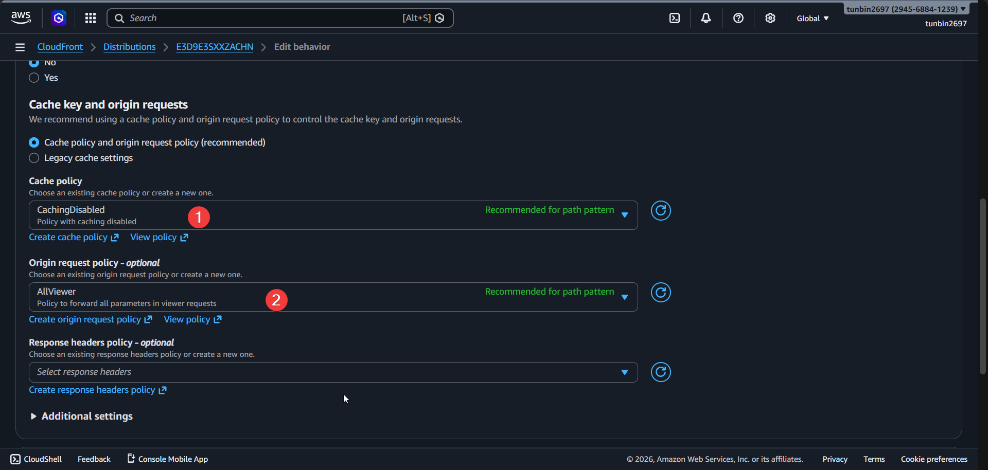CloudFront behavior cache settings