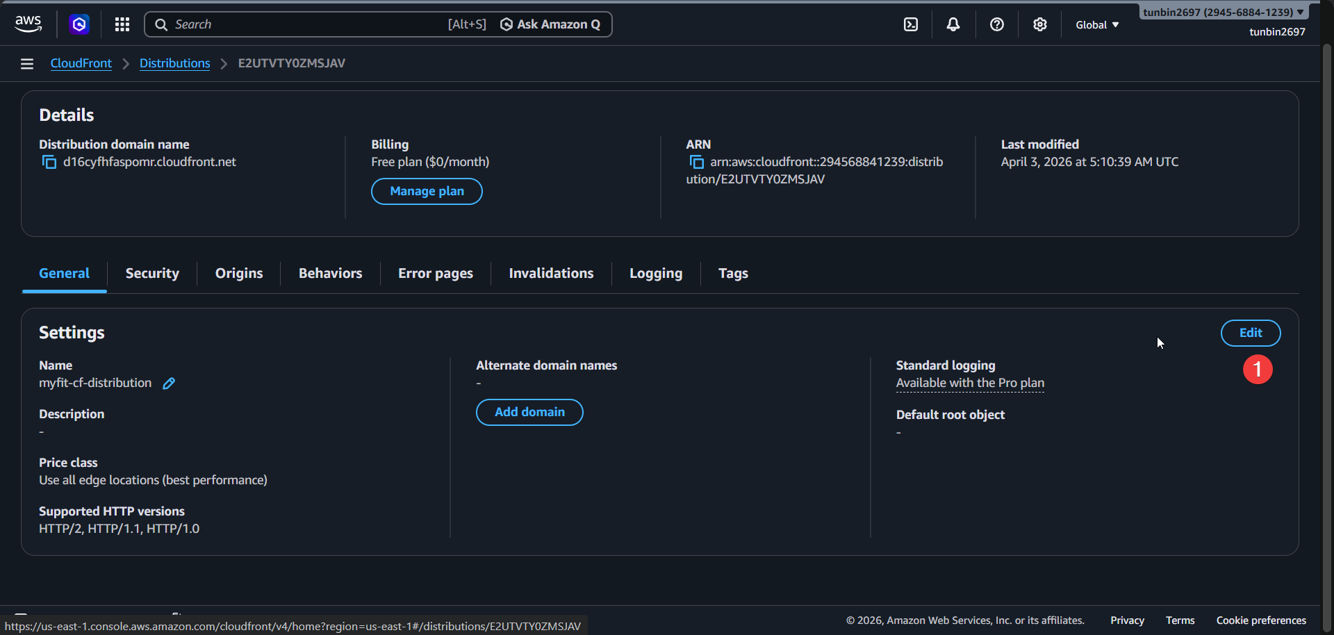 CloudFront edit settings entry