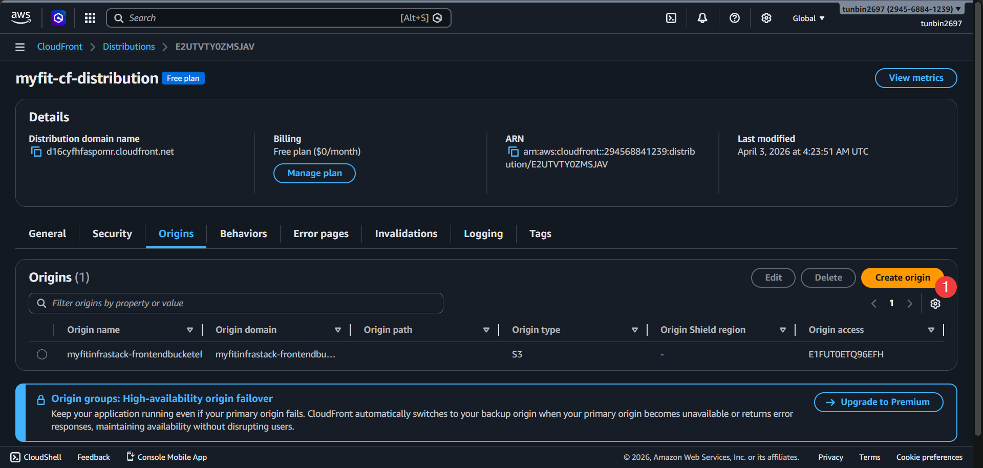 CloudFront origins tab