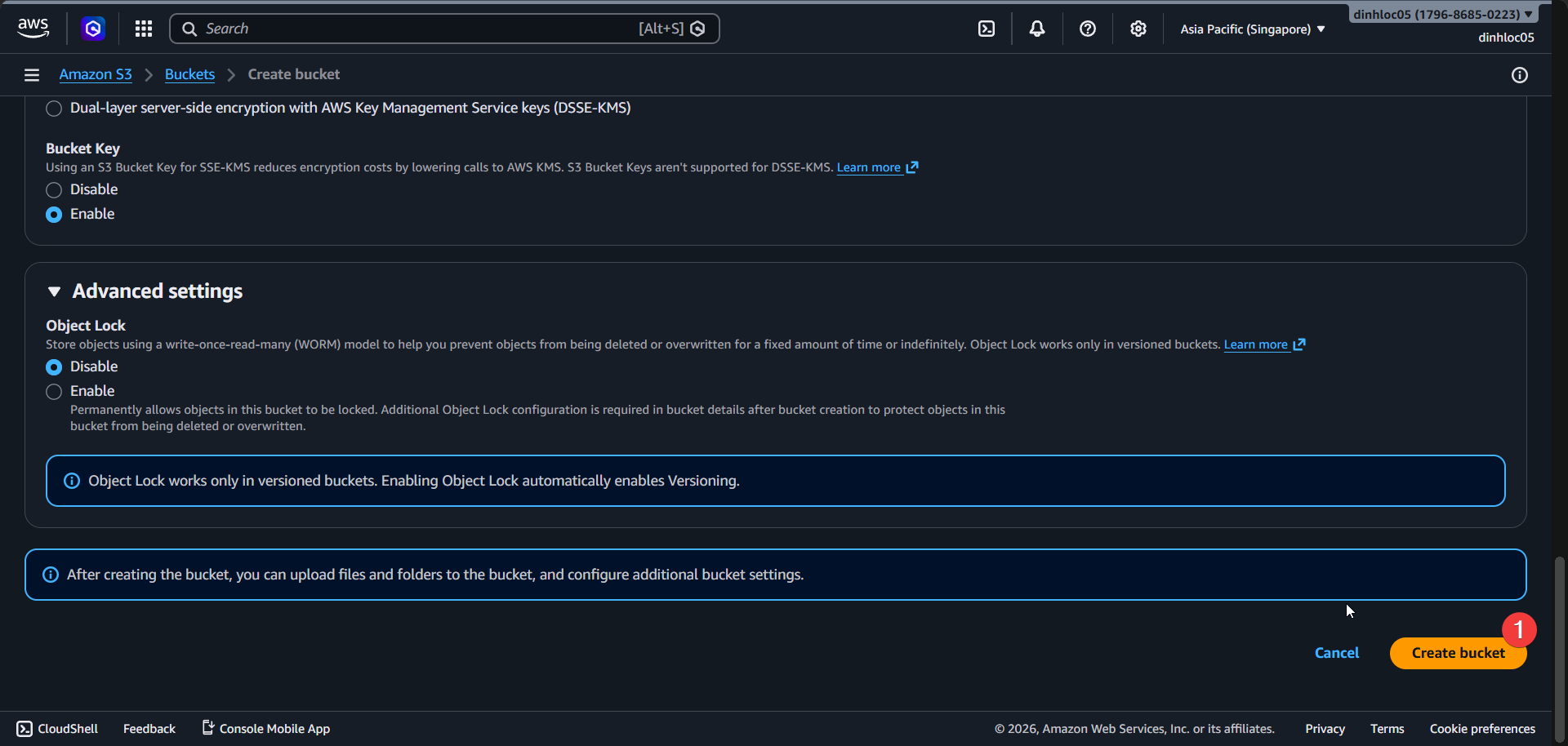S3 create bucket screen 3