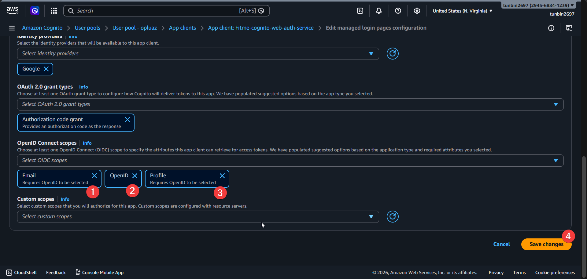 Cognito managed login OIDC scopes