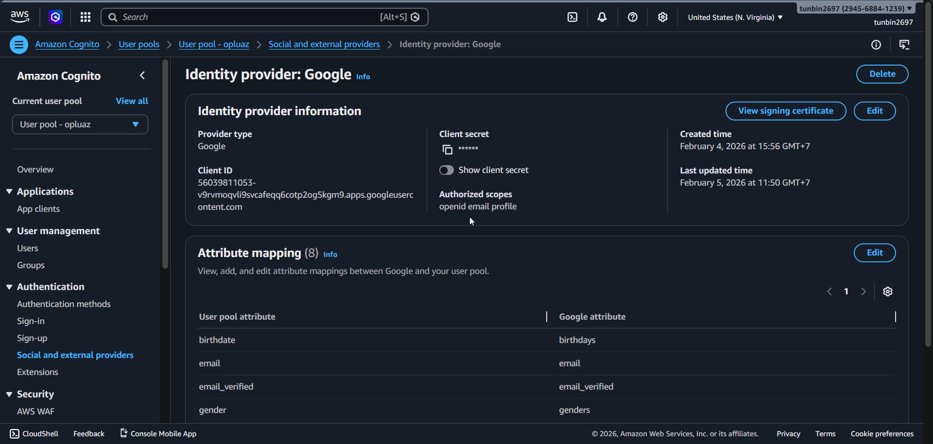 Cognito Google provider details