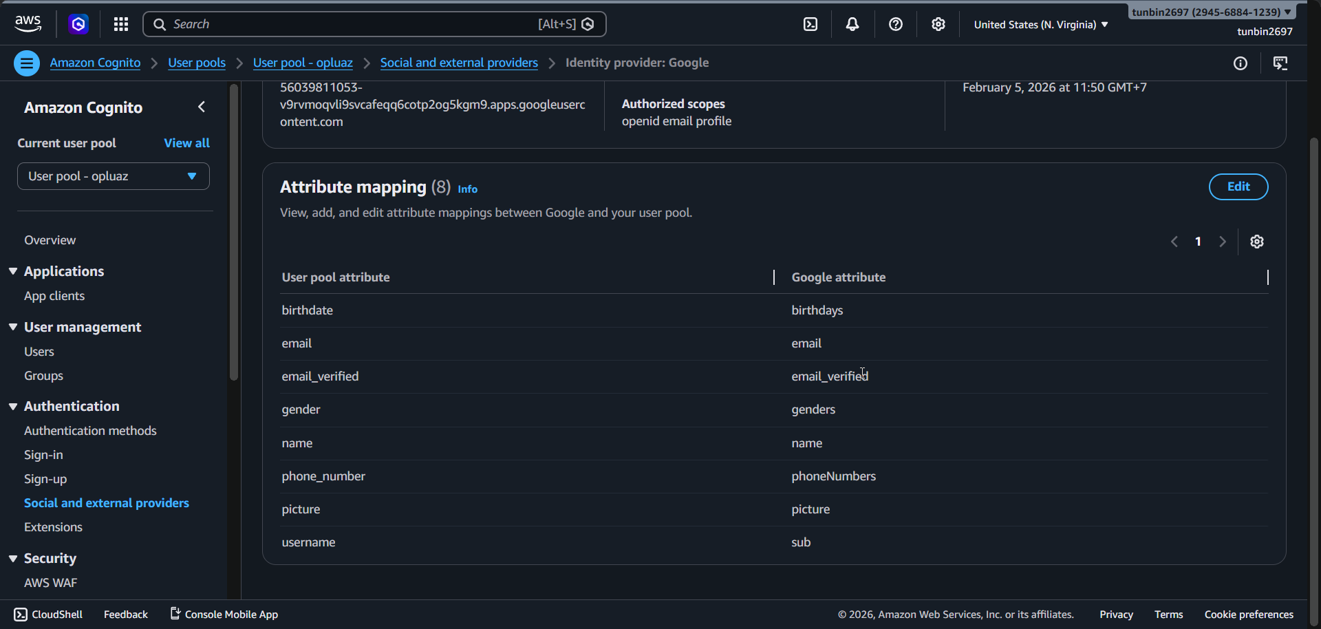 Cognito Google provider mappings