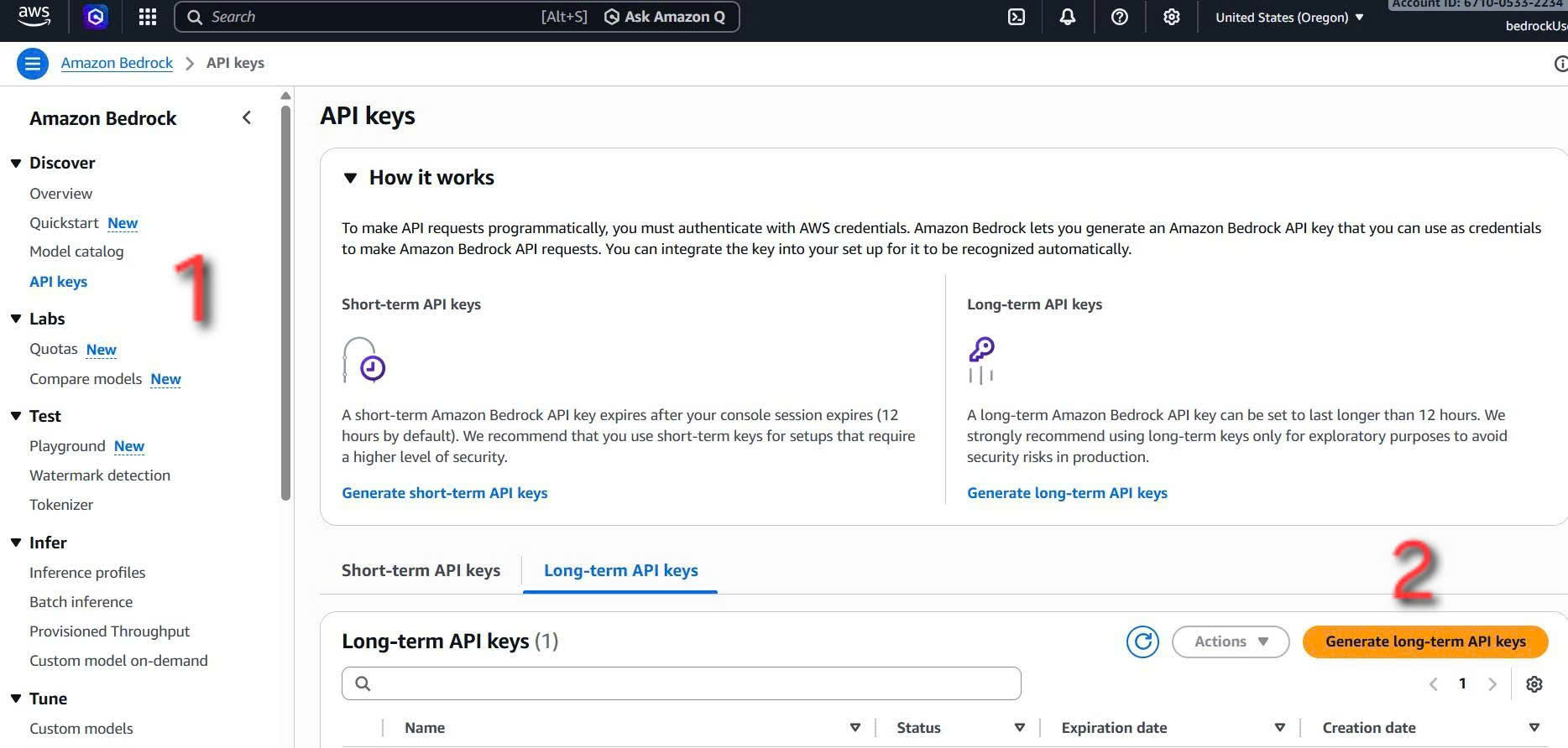 Navigate to Bedrock API key screen