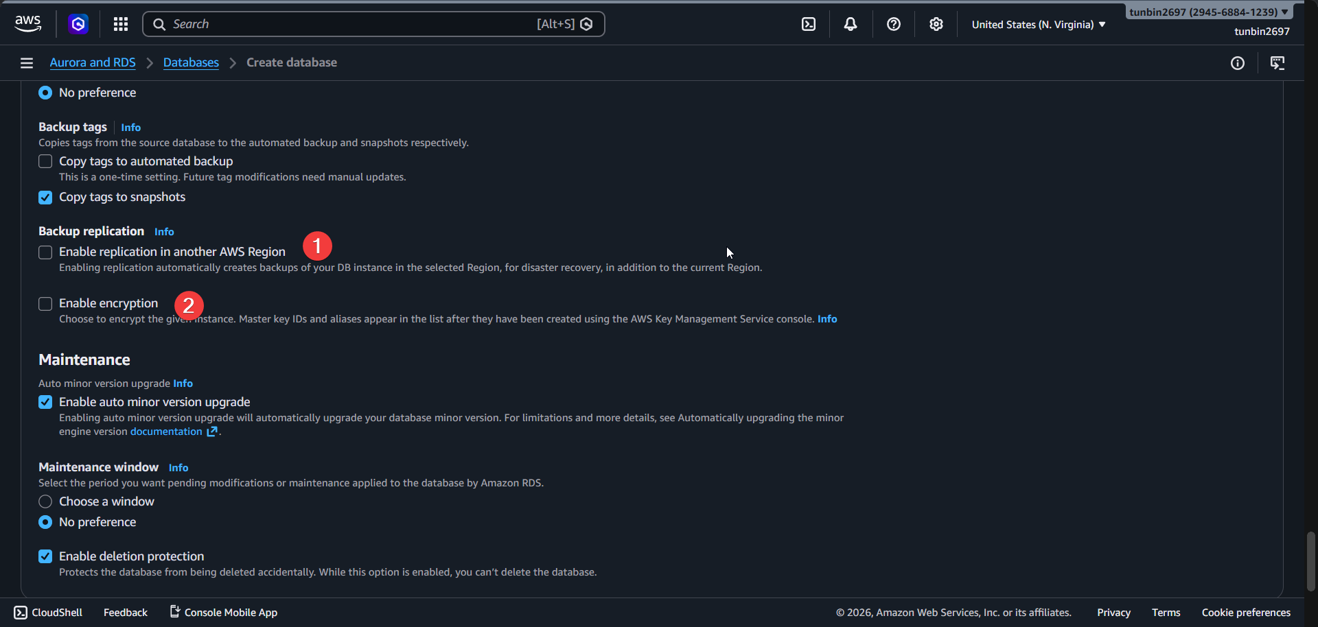Create RDS backup, encryption, and maintenance