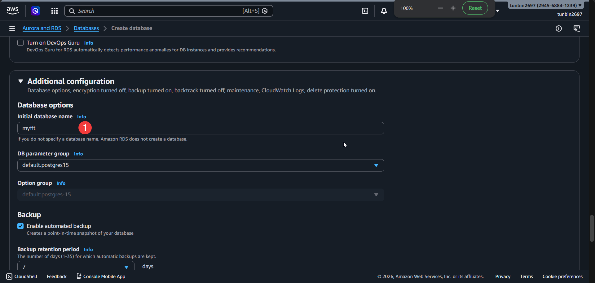 Create RDS database name and backup