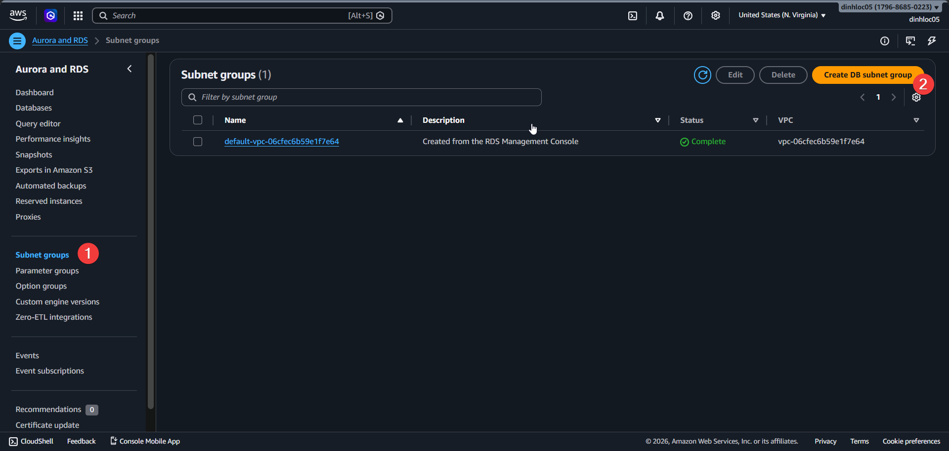 DB subnet group screen 1